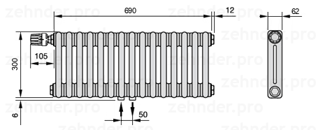 Схема (чертеж) Радиатор Zehnder Charleston 2030/15 №V007 Белый глянцевый RAL 9016